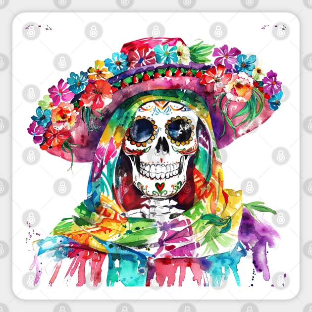 Skull In Mexican Hat Cinco De Mayo Watercolor Sticker by emhaz